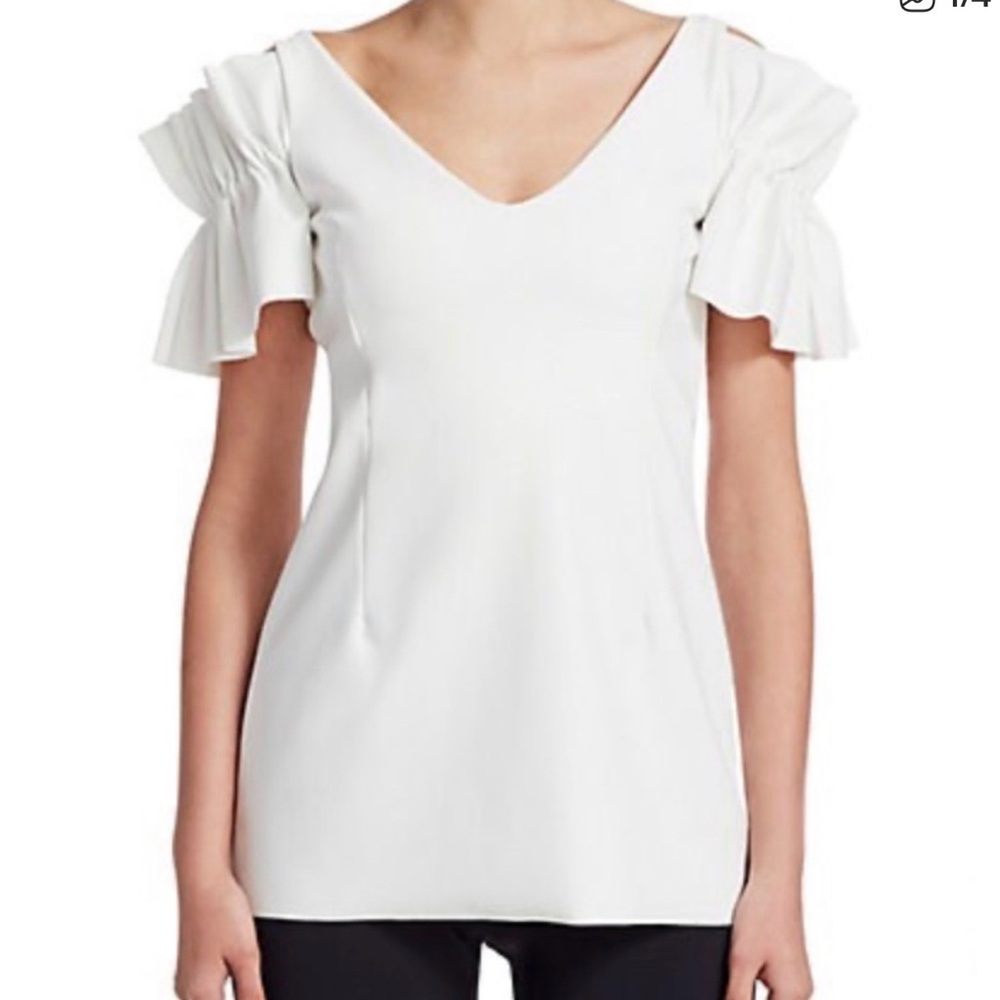 Chiara Boni White V-Neck Cold-Shoulder Ruffle Sleeve Top